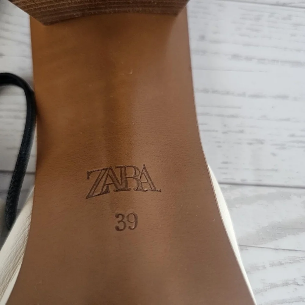 Zara Cream and Tan Leather Square Toe Sandals - Picture 5 of 7